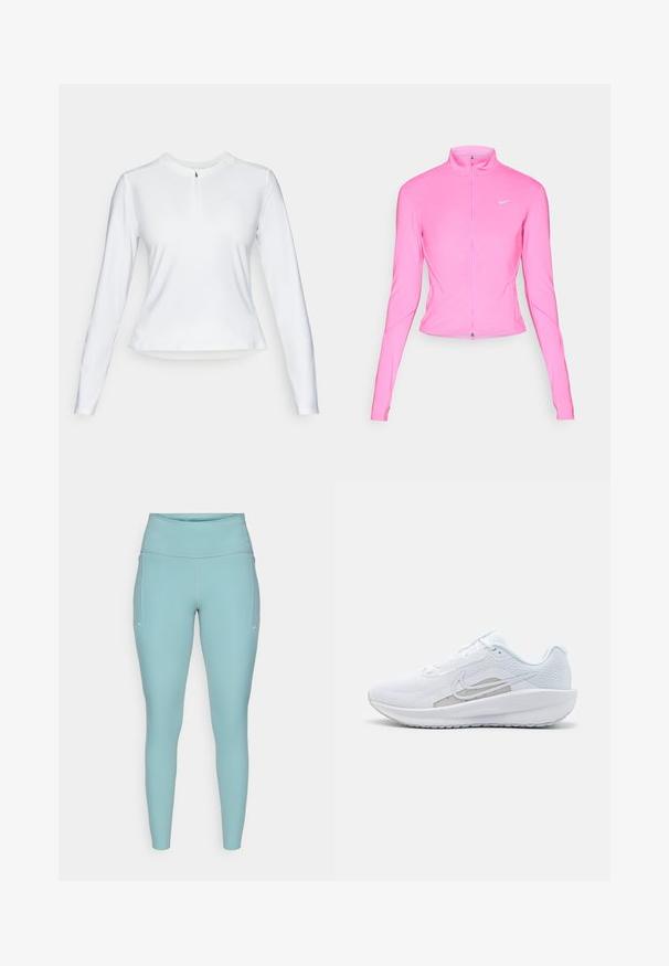 Pink athletic jacket with a stand-up collar, long sleeves, and a front zipper. Features a small silver logo on the left chest. Smooth texture.; Long-sleeve white athletic top with a quarter-zip collar, smooth texture, and subtle logo detail on the chest.; Light blue leggings made of stretchable material, featuring a high waistband, seamless design, and minimal white accents on the sides.; White athletic shoe with mesh upper, rounded toe, and textured sole. Features a silver Nike swoosh and minimalistic design.