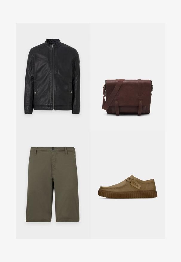 Crna kožna jakna s visokim ovratnikom, vertikalnim zatvaračima, kviltiranim naglascima na ramenima i bočnim džepovima. Glatka, mat tekstura.; Crni, prilagođeni džemper s V-izrezom i dugim rukavima. Izrađen od mekog pletenog materijala, sa rebrastim manžetama i pojasom. Minimalistički dizajn.; Kaki kratke hlače izrađene od čvrstog materijala, s ravnim prednjim dijelom, petljama za remen i zatvaranjem na gumba; imaju dva bočna džepa i uredne šavove.; Svijetlosmeđi nubuk cipele s okruglim vrhom, šavovima detaljima i rebrastom smeškom gumom. Ima bočnu oznaku s "Clarks" logotipom.; Smeđa kožna torba za messenger s ravnim prednjim poklopcem, dva remena, zlatnim hardverskim detaljima i podesivim remenom za rame.