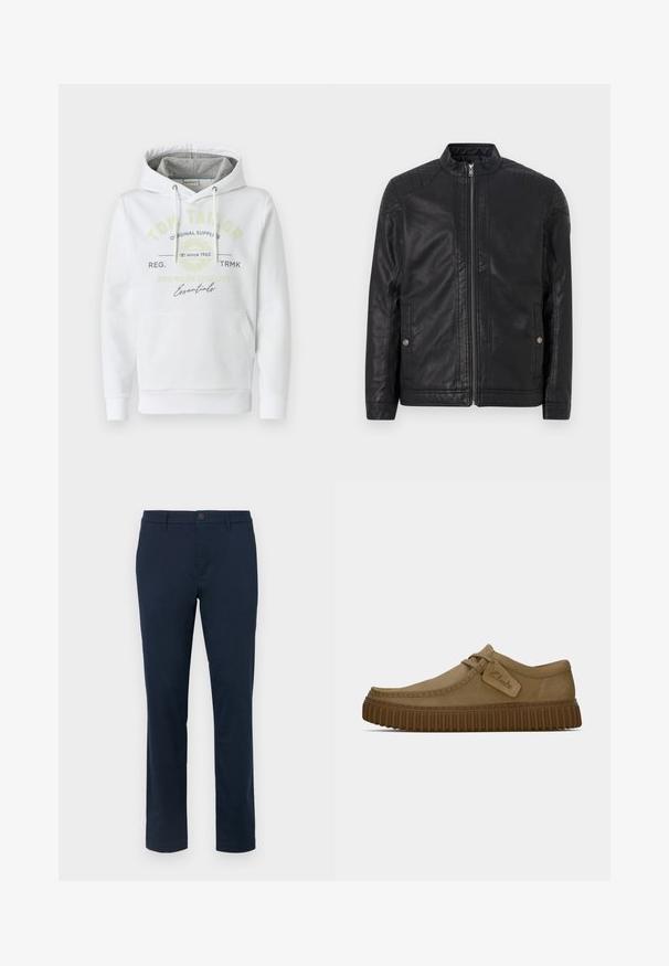 Schwarze Lederjacke mit hohem Kragen, vertikalen Reißverschlüssen, gesteppten Schulterakzenten und Seitentaschen. Glatte, matte Textur.; Weißer Hoodie aus weichem Material mit einer Fronttasche, featuring einer grau gefütterten Kapuze und dem aufgedruckten Markenlogo in Grün und Schwarz.; Weißes Baumwoll-T-Shirt mit Rundhalsausschnitt und kurzen Ärmeln. Mit blauem und schwarzem Drucktext: "TOM TAILOR", "STREETS OF HAVANA" und Zahlen.; Dunkelblaue Chinos aus glattem Stoff. Gerades Bein Design mit einem Knopfverschluss und Gürtelschlaufen. Keine sichtbaren Muster oder Akzente.; Hellbraune Wildlederschuhe mit runder Zehenpartie, genähten Details und einer gerippten braunen Gummisohle. Mit einem Seitenschild mit dem "Clarks"-Logo.