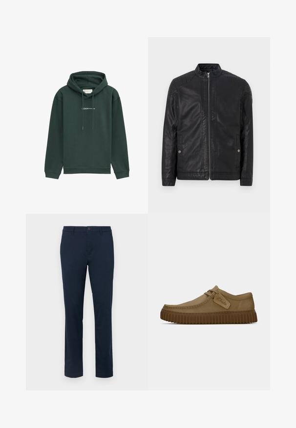 Chaqueta de cuero negra con cuello alto, cremalleras verticales, acentos acolchados en los hombros y bolsillos laterales. Textura suave y mate.; Sudadera con capucha verde, hecha de una tela suave, que cuenta con un bolsillo frontal y cordones. En el pecho se muestra un logo en texto blanco.; Camiseta de algodón blanca con cuello redondo y mangas cortas. Presenta texto impreso en azul y negro: “TOM TAILOR,” “STREETS OF HAVANA,” y números.; Chinos azul marino oscuro hechos de una tela suave. Diseño de pierna recta con un cierre de botón simple y trabillas para el cinturón. Sin patrones ni acentos visibles.; Zapatos de ante marrón claro con puntera redondeada, detalles de costura y una suela de goma marrón acanalada. Presentan una etiqueta lateral con el logotipo de "Clarks".