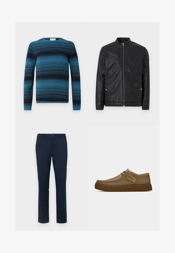 Čierna kožená bunda s vysokým golierom, vertikálnymi zipsami, prešívanými ramennými akcentami a bočnými vreckami. Hladký, matný povrch.; Modrý a námornícky pruhovaný sveter s dlhým rukávom, okrúhlym výstrihom, textúrovanou tkaninou a detailnými pletenými vzormi po celom povrchu.; Tmavomodré chinos vyrobené z hladkej tkaniny. Priamy strih s jedným gombíkom a pútkami na opasok. Žiadne viditeľné vzory ani akcenty.; Svetlohnedé semišové topánky s okrúhlym špičkou, prešitou detailnou úpravou a ribbovanou hnedou gumovou podrážkou. Obsahujú bočný štítok s logom "Clarks".