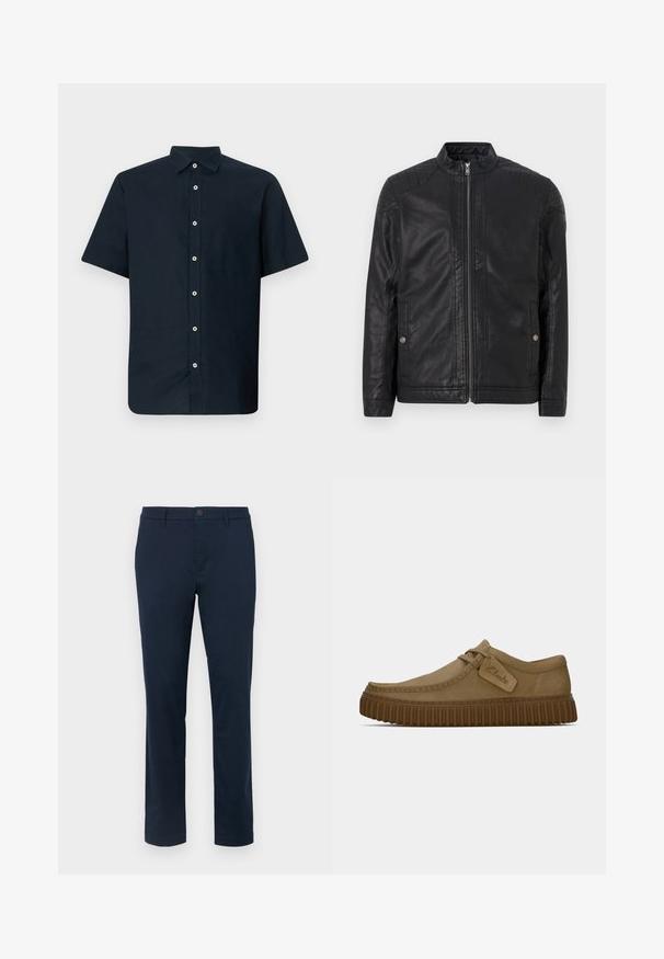 Μαύρο δερμάτινο μπουφάν με ψηλό γιακά, κατακόρυφες φερμουάρ, καπιτονέ ανάγλυφα στους ώμους και πλαϊνές τσέπες. Λείος, ματ υφή.; Αμάνικο πουκάμισο σε ναυτικό μπλε από βαμβάκι με κολάρο που κουμπώνει και λευκά κουμπιά. Λείος υφιστάμενος με ίσια γραμμή και χωρίς σχέδια.; Σκούρα ναυτικά chinos φτιαγμένα από απαλό ύφασμα. Σχεδίαση με ίσια πόδια, με κλείσιμο με ένα μόνο κουμπί και βρόχους ζώνης. Χωρίς ορατά σχέδια ή αξεσουάρ.; Ανοιχτό καφέ σουέτ παπούτσια με στρογγυλή μύτη, ραφές και λάστιχο καφέ με ραβδώσεις. Διαθέτει ετικέτα στο πλάι με το λογότυπο "Clarks".