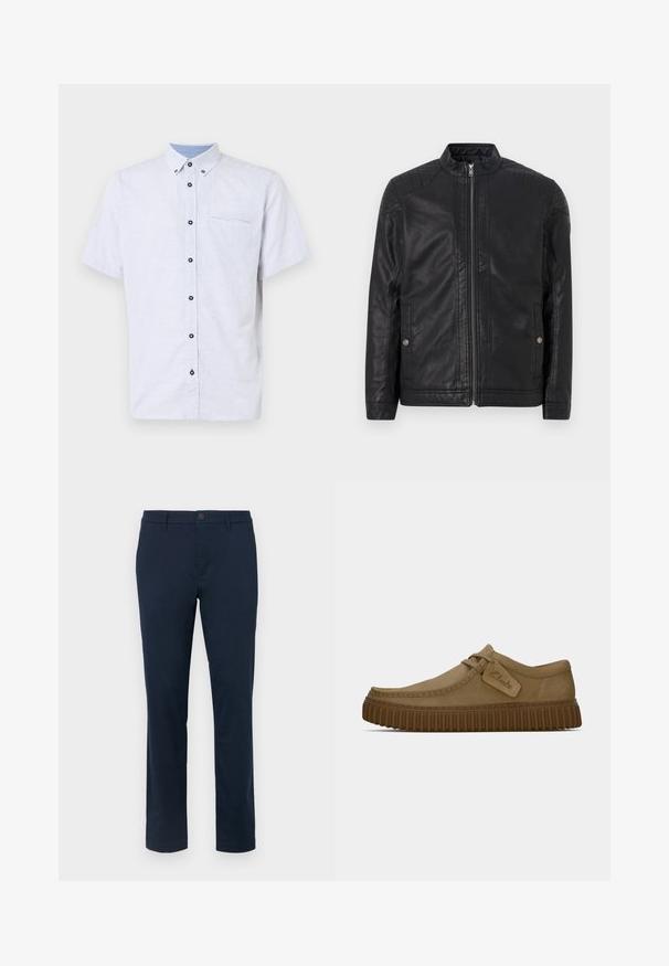 Giubbotto in pelle nera con colletto alto, zip verticali, accenti trapuntati sulle spalle e tasche laterali. Texture liscia e opaca.; Camicetta a maniche corte con bottoni di colore bianco, decorata con un motivo geometrico blu navy, colletto a contrasto e una tasca sul petto con un bottone nero.; T-shirt bianco in cotone con scollatura rotonda e maniche corte. Presenta testi stampati in blu e nero: "TOM TAILOR," "STREETS OF HAVANA," e numeri.; Chinos blu scuro realizzati in tessuto liscio. Design a gamba dritta con chiusura a un pulsante e passanti per cintura. Nessun motivo o accento visibile.; Scarpe in suede marrone chiaro con punta arrotondata, dettagli cuciti e suola in gomma marrone a righe. Presentano un'etichetta laterale con il logo "Clarks".