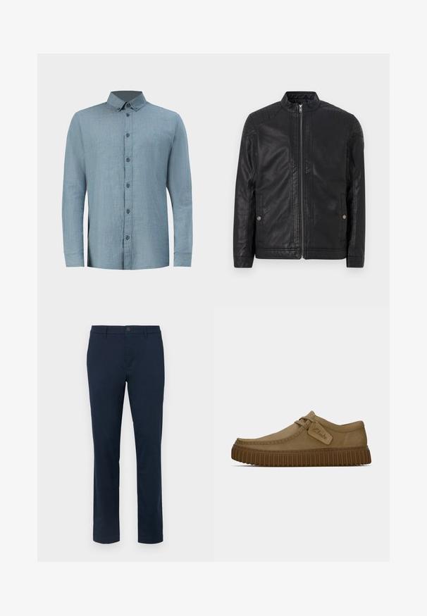 Giubbotto in pelle nera con colletto alto, zip verticali, accenti trapuntati sulle spalle e tasche laterali. Texture liscia e opaca.; Camicetta a quadri blu chiaro in cotone con colletto a bottoni, taschino singolo sul petto e maniche lunghe con polsini abbottonati.; Chinos blu scuro realizzati in tessuto liscio. Design a gamba dritta con chiusura a un pulsante e passanti per cintura. Nessun motivo o accento visibile.; Scarpe in suede marrone chiaro con punta arrotondata, dettagli cuciti e suola in gomma marrone a righe. Presentano un'etichetta laterale con il logo "Clarks".