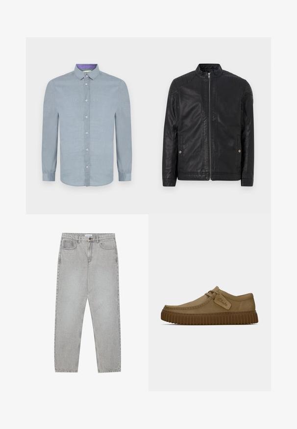 Čierna kožená bunda s vysokým golierom, vertikálnymi zipsami, prešívanými ramennými akcentami a bočnými vreckami. Hladký, matný povrch.; Svetlomodrá košeľa s dlhým rukávom a golierom na zapínanie, predné gombíky a hladká textúra. Vnútorná časť goliera má kontrastný fialový akcent.; Svetlošedé denimové nohavice s rovným strihom, piatimi vreckami a zapínaním na gombík. Viditeľné švy pozdĺž švov.; Svetlohnedé semišové topánky s okrúhlym špičkou, prešitou detailnou úpravou a ribbovanou hnedou gumovou podrážkou. Obsahujú bočný štítok s logom "Clarks".