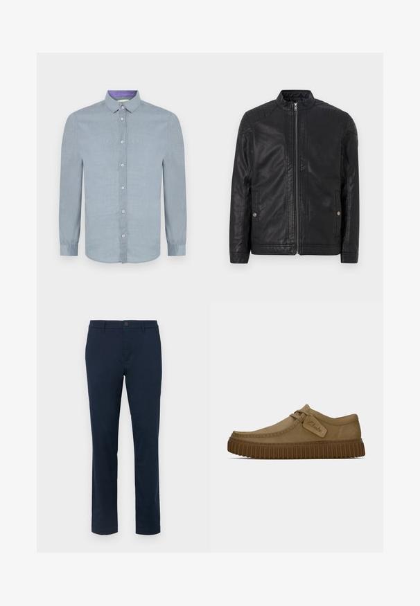 Must lähirikk must nahkjope, millel on kõrge krae, vertikaalsed lukud, tikitud õlavarre aksessuaarid ja küljetaskud. Sile, mate pind.; Hele sinine pika varrukaga särk, millel on nööbid ja pehme tekstuur. Sisekaelusel on kontrastne lillakate aktsent.; Tumedad sinised chinos, mis on valmistatud siledast kangast. Sirge jala disain, millel on ühekordne nööbi kinnitamine ja vööloop. Ilma nähtavate mustrite või aksessuaarideta.; Kerged pruunist nahksoost kingad, millel on ümar varvas, õmblustega detailid ja soonikkoes pruun kummitald. Omab külje peal sildi, millel on "Clarks" logo.