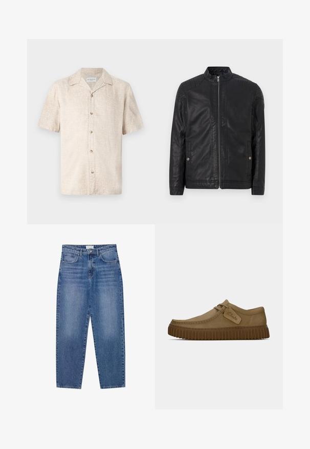 Černá kožená bunda s vysokým límcem, vertikálními zipy, prošívanými akcenty na ramenou a bočními kapsami. Hladká, matná textura.; Bezešvé béžové tričko s krátkým rukávem, které má jemný květinový vzor a pět knoflíků vpředu, vyrobené z lehkého materiálu.; Modré džíny z denimu s vysokým pasem, rovnými nohavicemi a vybledlým dokončením. Disponují pěti kapsami a zapínáním na knoflík.; Světle hnědé suede boty s kulatou špičkou, prošívanými detaily a ribbovanou hnědou gumovou podrážkou. Disponují bočním štítkem s logem "Clarks".