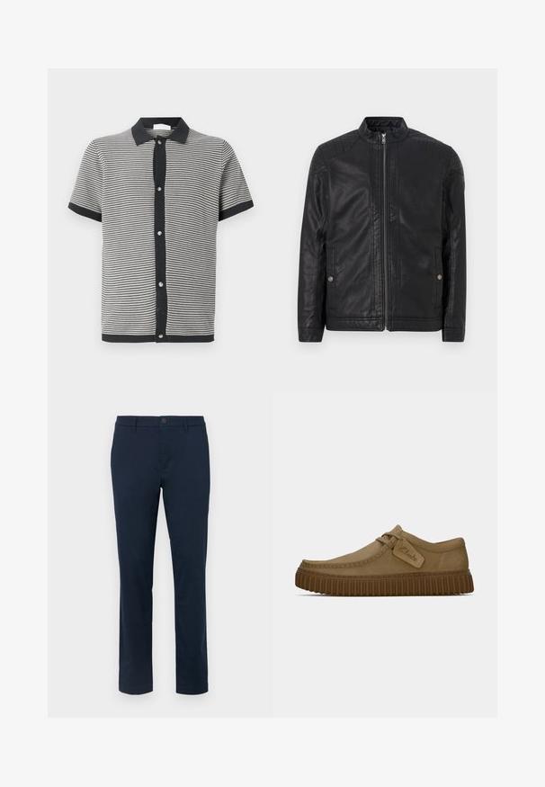 Czarna skórzana kurtka z wysokim kołnierzem, pionowymi zamkami, pikowanymi akcentami na ramionach oraz bocznymi kieszeniami. Gładka, matowa faktura.; Krótki rękaw polo w czarno-białe paski, wykonany z dzianiny, z czarnym kołnierzykiem i zapięciem na guziki z przodu, ozdobionym srebrnymi elementami.; Biała bawełniana koszulka z okrągłym dekoltem i krótkimi rękawami. Zawiera niebieski i czarny nadrukowany tekst: "TOM TAILOR," "STREETS OF HAVANA," oraz numery.; Ciemnoniebieskie chinosy wykonane z gładkiego materiału. Prosty krój nogawki z jednym zapięciem na guzik i szlufkami na pasek. Brak widocznych wzorów lub akcentów.; Jasnobrązowe zamszowe buty z okrągłym noskiem, z przeszyciami i brązową gumową podeszwą o żebrowanej fakturze. Posiadają boczną metkę z logo "Clarks".