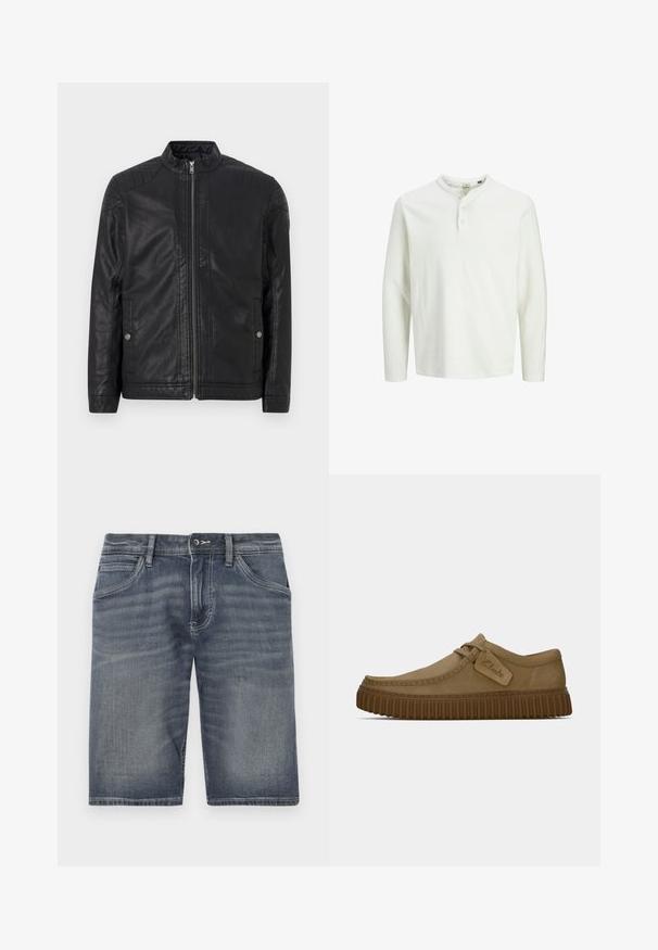 Črna usnjena jakna z visokim ovratnikom, navpičnimi zadrgami, prešito ramenskim poudarkom in stranskimi žepi. Gladka, mat tekstura.; Bela dolga majica henley s tremi gumbi in okroglim izrezom, prikazana na enobarvni beli podlagi.; Denim kratke hlače v blede modri barvi, z gumbom in zadrgo, petimi žepi in vidnimi šivi.; Svetlo rjave antilop čevlje z ovalnim nosom, šivi in ribasto rjavo gumijasto podplat. Ima stransko oznako z logotipom "Clarks".