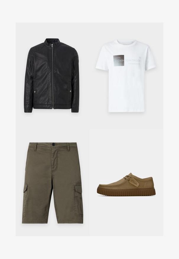 Črna usnjena jakna z visokim ovratnikom, navpičnimi zadrgami, prešito ramenskim poudarkom in stranskimi žepi. Gladka, mat tekstura.; Bela bombažna kratkotrajna majica s kratkimi rokavi, ki prikazuje črno-sivo grafično zasnovo z besedilom. Okrugli izrez, sproščen kroj, gladka tekstura.; Olivnozelene taktičke kratke hlače iz teksturiranega materiala, ki imajo dva stranska žepa in sprednje zapiranje na gumb. Srednje dolge, s pravim krojem.; Svetlo rjave antilop čevlje z ovalnim nosom, šivi in ribasto rjavo gumijasto podplat. Ima stransko oznako z logotipom "Clarks".