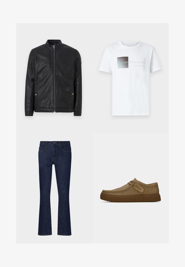 Čierna kožená bunda s vysokým golierom, vertikálnymi zipsami, prešívanými ramennými akcentami a bočnými vreckami. Hladký, matný povrch.; Bielo bavlnené tričko s krátkym rukávom, ktoré sa vyznačuje čierno-sivým grafickým dizajnom s textom. Klasický okrúhly výstrih, voľný strih, hladká textúra.; Tmavomodré riflové nohavice so širokým spodným okrajom a stredne vysokým pásom, s piatimi vreckami a kontrastným prešívaním. Hladký povrch s minimálnym opotrebovaním.; Svetlohnedé semišové topánky s okrúhlym špičkou, prešitou detailnou úpravou a ribbovanou hnedou gumovou podrážkou. Obsahujú bočný štítok s logom "Clarks".