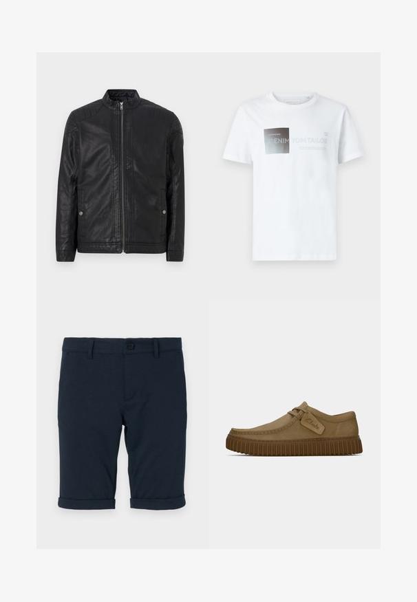 Črna usnjena jakna z visokim ovratnikom, navpičnimi zadrgami, prešito ramenskim poudarkom in stranskimi žepi. Gladka, mat tekstura.; Bela bombažna kratkotrajna majica s kratkimi rokavi, ki prikazuje črno-sivo grafično zasnovo z besedilom. Okrugli izrez, sproščen kroj, gladka tekstura.; Mornarsko modri kratki hlače iz bombaža z gladko teksturo, opremljene s zvitimi robovi in gumbom za zapiranje v pasu.; Svetlo rjave antilop čevlje z ovalnim nosom, šivi in ribasto rjavo gumijasto podplat. Ima stransko oznako z logotipom "Clarks".