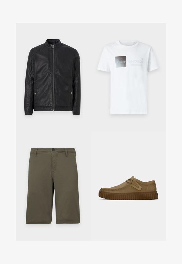 Fekete bőrdzseki magas gallérral, függőleges cipzárokkal, steppelt vállrész díszítéssel és oldalsó zsebekkel. Simább, matt textúrájú.; Fehér pamut rövid ujjú póló fekete és szürke grafikai kialakítással, szöveggel. Kerek nyakkivágás, laza fazon, sima textúra.; Kaki rövidnadrág tartós anyagból készült, lapos elülső résszel, övhurkokkal és gombos zárással; két oldalsó zsebet és gondosan végzett varrást tartalmaz.; Világosbarna velúr cipők, lekerekített orral, díszített varrással és bordás barna gumi talppal. Az oldalon található egy címke a "Clarks" logójával.