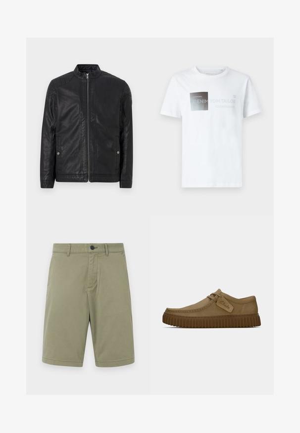 Black leather jacket with a high collar, vertical zippers, quilted shoulder accents, and side pockets. Smooth, matte texture.; White cotton short-sleeve t-shirt featuring a black and gray graphic design with text. Crew neckline, relaxed fit, smooth texture.; Khaki shorts made of cotton, featuring belt loops, a front button, and a flat front design with a clean finish and no pockets.; Light brown suede shoes with a rounded toe, stitched detailing, and a ribbed brown rubber sole. Features a side tag with "Clarks" logo.