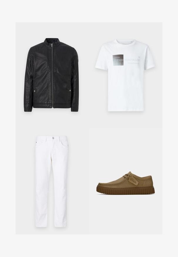 Chaqueta de cuero negra con cuello alto, cremalleras verticales, acentos acolchados en los hombros y bolsillos laterales. Textura suave y mate.; Camiseta de algodón blanca de manga corta con un diseño gráfico en negro y gris con texto. Cuello redondo, ajuste relajado, textura suave.; Jeans de algodón blancos con un diseño de pierna recta, que cuentan con cierre de botón, cinco bolsillos y sutiles detalles de costura.; Zapatos de ante marrón claro con puntera redondeada, detalles de costura y una suela de goma marrón acanalada. Presentan una etiqueta lateral con el logotipo de "Clarks".