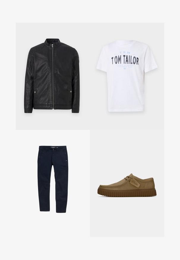 Must lähirikk must nahkjope, millel on kõrge krae, vertikaalsed lukud, tikitud õlavarre aksessuaarid ja küljetaskud. Sile, mate pind.; Valge puuvillane T-särk ümarate krae ja lühikeste varrukatega. Omab sinise ja musta trükitud teksti: "TOM TAILOR," "HAVANA TIGUUD" ja numbreid.; Tumedat sinised puuvillased püksid sirge lõikega. Omavad kahte küljetaskut ja nööpkinnistust. Minimalistlik disain koos peente detailidega.; Kerged pruunist nahksoost kingad, millel on ümar varvas, õmblustega detailid ja soonikkoes pruun kummitald. Omab külje peal sildi, millel on "Clarks" logo.