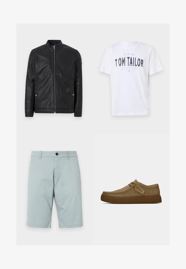 Sort læderjakke med høj krave, lodrette lynlåse, kviltede skulderdetaljer og sidelommer. Glat, mat tekstur.; Hvid bomulds t-shirt med rund halsudskæring og korte ærmer. Har blå og sort trykt tekst: "TOM TAILOR," "STREETS OF HAVANA," og tal.; Lys teal shorts lavet af glat stof med flad front, to sidelommer og en enkelt knaplukning. Ren, skræddersyet design.; Lysebrune ruskindsko med rund tå, syet detaljer og en ribbet brun gummisål. Har et sidemærke med "Clarks" logo.