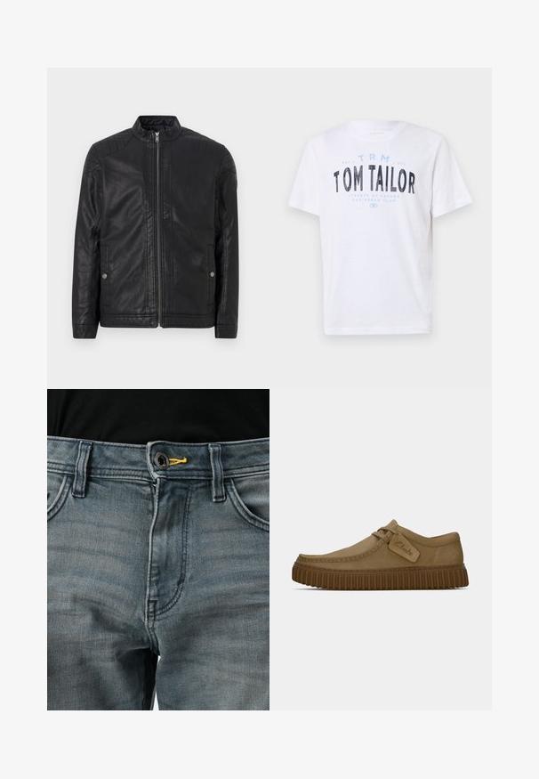 Črna usnjena jakna z visokim ovratnikom, navpičnimi zadrgami, prešito ramenskim poudarkom in stranskimi žepi. Gladka, mat tekstura.; Bela bomba majica iz bombaža s okroglim izrezom in kratkimi rokavi. Vsebuje tiskane modre in črne napise: "TOM TAILOR," "Ulice Havane," in številke.; Bledi modri kavbojki z gumbom za zapiranje, rumeno obrobo ob pasu in klasičnim dizajnom s petimi žepi. Tekstura se zdi mehka in obrabljena.; Svetlo rjave antilop čevlje z ovalnim nosom, šivi in ribasto rjavo gumijasto podplat. Ima stransko oznako z logotipom "Clarks".