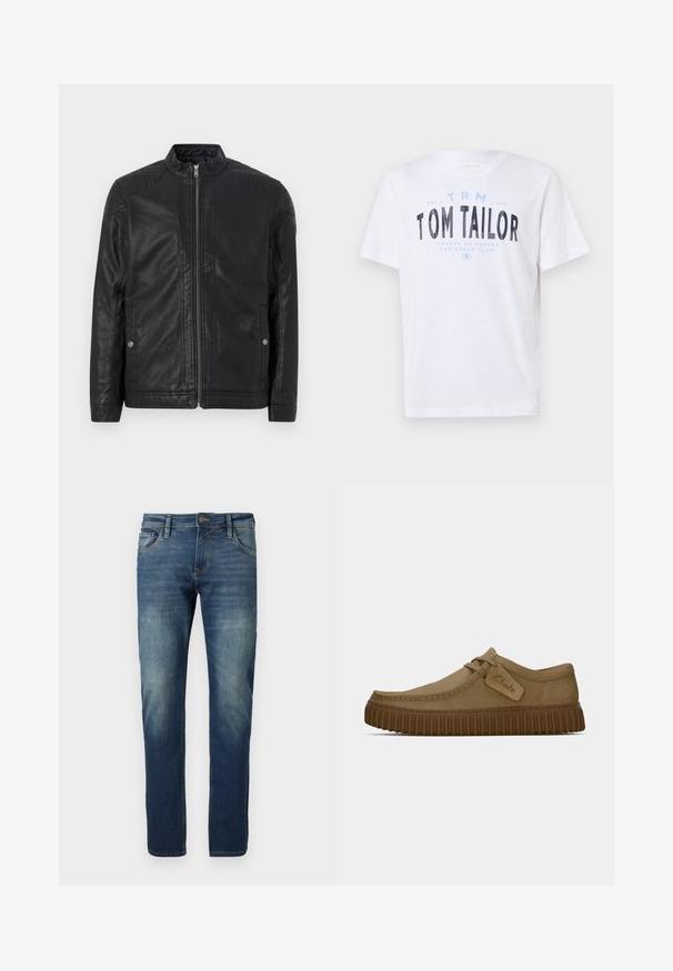 Must lähirikk must nahkjope, millel on kõrge krae, vertikaalsed lukud, tikitud õlavarre aksessuaarid ja küljetaskud. Sile, mate pind.; Valge puuvillane T-särk ümarate krae ja lühikeste varrukatega. Omab sinise ja musta trükitud teksti: "TOM TAILOR," "HAVANA TIGUUD" ja numbreid.; Sinine teksapüksid sirge lõikega, pleekinud ees, kontrastõmblused, viis taskut ja nööpidega sulgemine.; Kerged pruunist nahksoost kingad, millel on ümar varvas, õmblustega detailid ja soonikkoes pruun kummitald. Omab külje peal sildi, millel on "Clarks" logo.