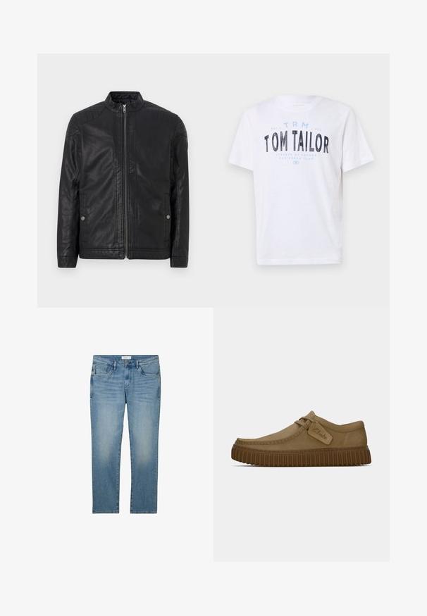 Černá kožená bunda s vysokým límcem, vertikálními zipy, prošívanými akcenty na ramenou a bočními kapsami. Hladká, matná textura.; Bílé bavlněné tričko s kulatým výstřihem a krátkými rukávy. Vlastnosti zahrnují modrý a černý potištěný text: "TOM TAILOR," "STREETS OF HAVANA," a čísla.; Modré džínové kalhoty se straight leg designem, vybavené pěti kapsami a mírně vybledlým vzhledem. Tkanina má hladkou texturu a mírnou elasticitu.; Světle hnědé suede boty s kulatou špičkou, prošívanými detaily a ribbovanou hnědou gumovou podrážkou. Disponují bočním štítkem s logem "Clarks".