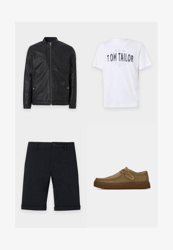 Casaco de couro preto com gola alta, zíperes verticais, detalhes acolchoados nos ombros e bolsos laterais. Textura lisa e mate.; T-shirt de algodão branca com decote redondo e mangas curtas. Apresenta texto impresso em azul e preto: "TOM TAILOR," "STREETS OF HAVANA," e números.; Bermudas de algodão pretas com fecho de botão, apresentando uma frente lisa, punhos dobrados e bolsos traseiros. Textura suave e ajuste personalizado.; Sapatos de camurça castanho claro com bico arredondado, detalhes costurados e uma sola de borracha castanha ribada. Apresenta uma etiqueta lateral com o logótipo "Clarks".