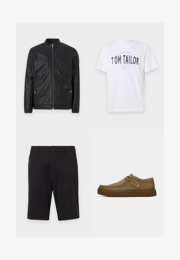 Zwarte leren jas met een hoge kraag, verticale ritsen, gestikte schouderaccenten en zijzakken. Gladde, matte textuur.; Witte katoenen t-shirt met ronde hals en korte mouwen. Voorzien van blauwe en zwarte bedrukte tekst: "TOM TAILOR," "STREETS OF HAVANA," en cijfers.; Zwarte shorts van een lichtgewicht stof. Voorzien van een knoopsluiting, riemlussen, twee zijzakken en een rechte snit.; Lichtbruine suède schoenen met een ronde neus, gestikte details en een geribbeld bruine rubberen zool. Bevat een zijlabel met het "Clarks" logo.