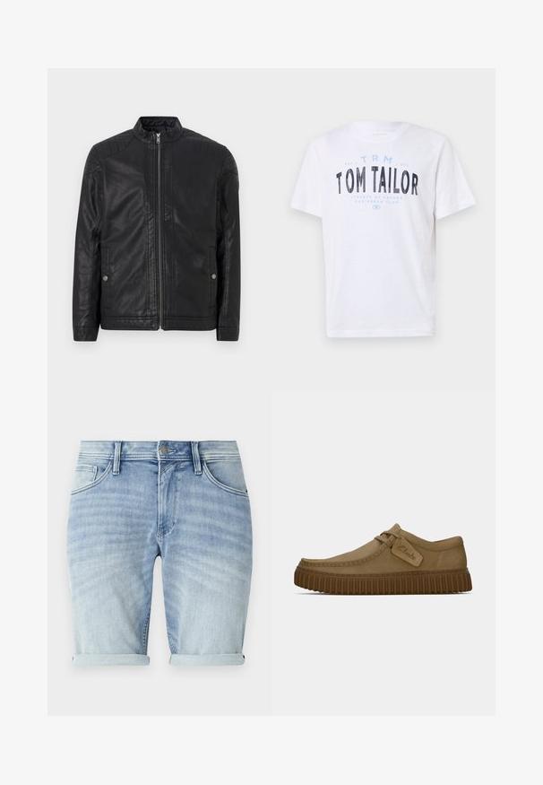 Juodas odinis švarkas su aukštu apykakle, vertikaliais užtrauktukais, iškilusiais peties akcentais ir šoninėmis kišenėmis. Lygus, matinio paviršiaus tekstūra.; Balta medvilninė marškinė su apvaliu iškirpimu ir trumpomis rankovėmis. Ant jų yra mėlynai ir juodai spausdintas tekstas: „TOM TAILOR“, „HAVANOS GATVĖS“ ir skaičiai.; Šviesiai mėlynos džinsinės šortai su nudilusia apdaila, sukamu kraštu, priekinėmis kišenėmis ir metaline sagos uždarymo sistema juosmens srityje.; Šviesiai rudos zomšinės bateliai su apvaliu pirštu, siuvinėjimo detalėmis ir raguota ruda guma. Su šonine etikete su "Clarks" logotipu.
