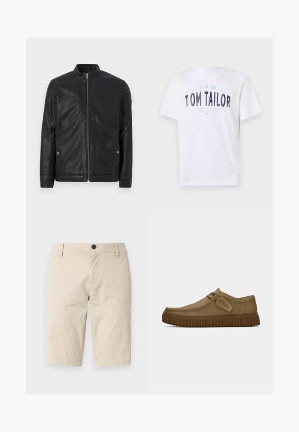 Schwarze Lederjacke mit hohem Kragen, vertikalen Reißverschlüssen, gesteppten Schulterakzenten und Seitentaschen. Glatte, matte Textur.; Weißes Baumwoll-T-Shirt mit Rundhalsausschnitt und kurzen Ärmeln. Mit blauem und schwarzem Drucktext: "TOM TAILOR", "STREETS OF HAVANA" und Zahlen.; Beige Shorts aus leichtem Stoff mit flachem Frontdesign, einem Knopfverschluss und zwei Seitentaschen; glatte Textur.; Hellbraune Wildlederschuhe mit runder Zehenpartie, genähten Details und einer gerippten braunen Gummisohle. Mit einem Seitenschild mit dem "Clarks"-Logo.