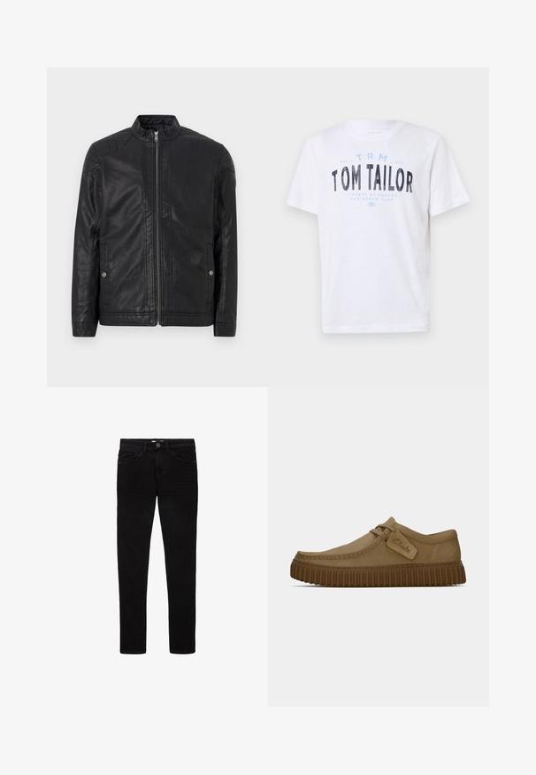 Črna usnjena jakna z visokim ovratnikom, navpičnimi zadrgami, prešito ramenskim poudarkom in stranskimi žepi. Gladka, mat tekstura.; Bela bomba majica iz bombaža s okroglim izrezom in kratkimi rokavi. Vsebuje tiskane modre in črne napise: "TOM TAILOR," "Ulice Havane," in številke.; Črne kavbojke iz denima, s slim fit obliko, petimi žepi in gumbom za zapiranje. Gladka tekstura in minimalni šivi.; Svetlo rjave antilop čevlje z ovalnim nosom, šivi in ribasto rjavo gumijasto podplat. Ima stransko oznako z logotipom "Clarks".