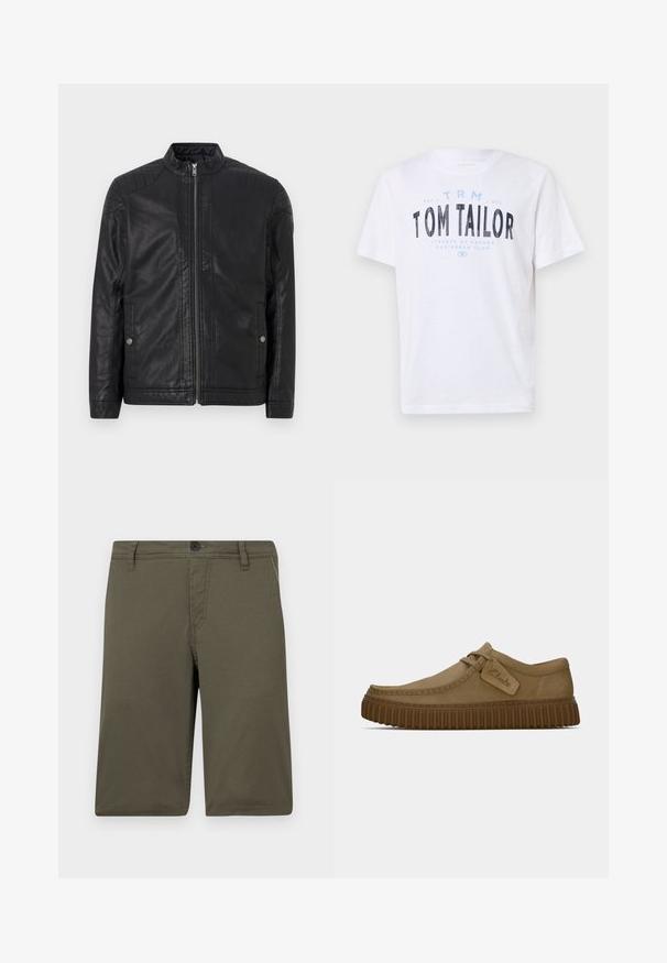 Mustan nahkatakin korkea kaulus, pystysuorat vetoketjut, tikkaukset hartioissa ja sivutaskut. Sileä, matta pinta.; Valkoinen puuvillainen t-paita, jossa on pyöreä kaula-aukko ja lyhyet hihat. Sisältää sinisiä ja mustia painettuja tekstejä: "TOM TAILOR", "HAVANAN KADUT" ja numeroita.; Khaki shorts valmistettu kestävästä kankaasta, jossa on tasainen etuosa, vyölenkit ja nappikiinnitys; sisältää kaksi sivutaskua ja siistiä ompelua.; Vaaleanruskeat mokkakengät, joissa on pyöreä kärki, ommeltuja yksityiskohtia ja uritettu ruskea kumipohja. Kengissä on myös sivulappu, jossa on "Clarks"-logo.