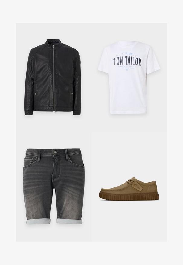Juodas odinis švarkas su aukštu apykakle, vertikaliais užtrauktukais, iškilusiais peties akcentais ir šoninėmis kišenėmis. Lygus, matinio paviršiaus tekstūra.; Balta medvilninė marškinė su apvaliu iškirpimu ir trumpomis rankovėmis. Ant jų yra mėlynai ir juodai spausdintas tekstas: „TOM TAILOR“, „HAVANOS GATVĖS“ ir skaičiai.; Pilkos džinsinės šortai su suktiniu, turintys penkių kišenių dizainą, mygtuko užsegimą ir subtilią nykimą medžiagoje.; Šviesiai rudos zomšinės bateliai su apvaliu pirštu, siuvinėjimo detalėmis ir raguota ruda guma. Su šonine etikete su "Clarks" logotipu.