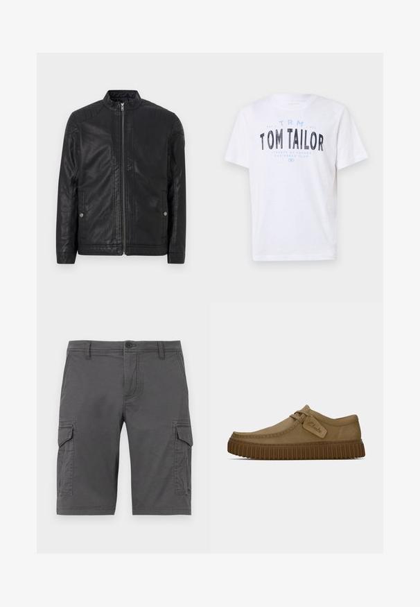 Chaqueta de cuero negra con cuello alto, cremalleras verticales, acentos acolchados en los hombros y bolsillos laterales. Textura suave y mate.; Camiseta de algodón blanca con cuello redondo y mangas cortas. Presenta texto impreso en azul y negro: “TOM TAILOR,” “STREETS OF HAVANA,” y números.; Pantalones cortos de carga grises con bolsillos laterales, hechos de una tela duradera, con cierre de botón y lazos para cinturón. Textura suave, diseño hasta la rodilla.; Zapatos de ante marrón claro con puntera redondeada, detalles de costura y una suela de goma marrón acanalada. Presentan una etiqueta lateral con el logotipo de "Clarks".