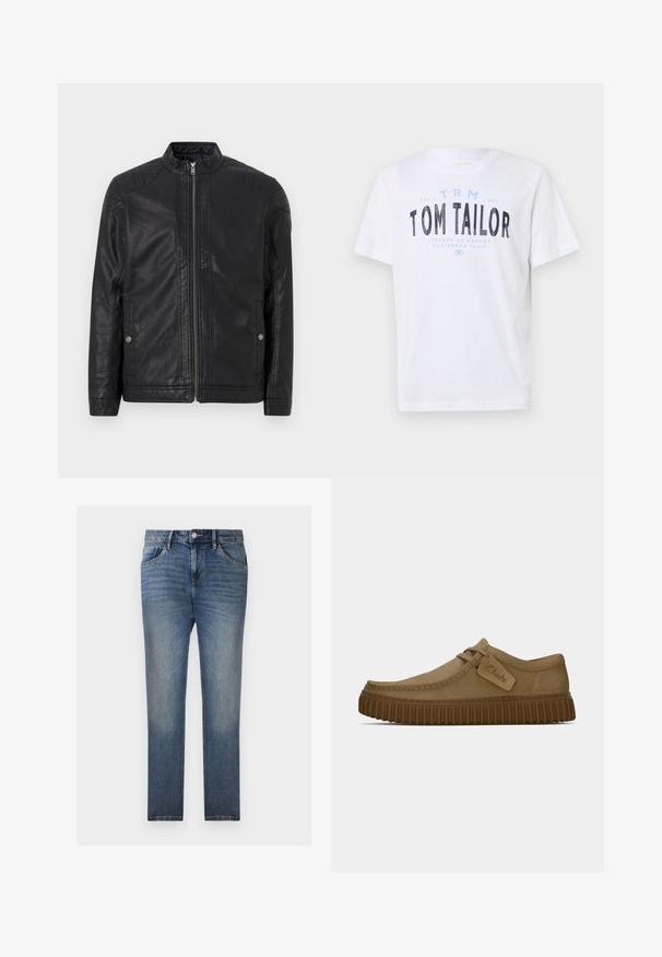 Casaco de couro preto com gola alta, zíperes verticais, detalhes acolchoados nos ombros e bolsos laterais. Textura lisa e mate.; T-shirt de algodão branca com decote redondo e mangas curtas. Apresenta texto impresso em azul e preto: "TOM TAILOR," "STREETS OF HAVANA," e números.; TOM TAILOR JOSH - Calças de ganga de perna direita - clean light stone blue denim; Sapatos de camurça castanho claro com bico arredondado, detalhes costurados e uma sola de borracha castanha ribada. Apresenta uma etiqueta lateral com o logótipo "Clarks".