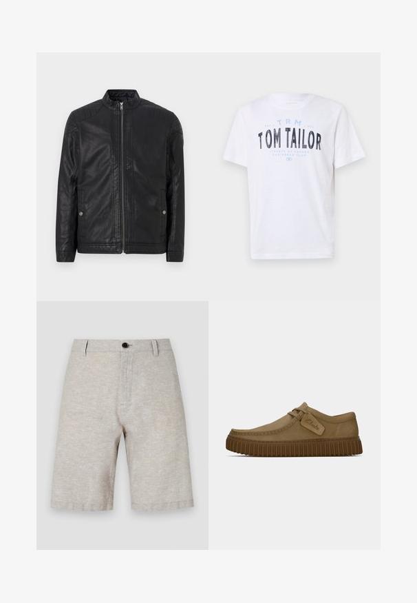 Černá kožená bunda s vysokým límcem, vertikálními zipy, prošívanými akcenty na ramenou a bočními kapsami. Hladká, matná textura.; Bílé bavlněné tričko s kulatým výstřihem a krátkými rukávy. Vlastnosti zahrnují modrý a černý potištěný text: "TOM TAILOR," "STREETS OF HAVANA," a čísla.; Béžové lněné šortky s hladkou texturou, vybavené jedním knoflíkem, poutky na opasek a rovný střih, který sahá do poloviny stehna.; Světle hnědé suede boty s kulatou špičkou, prošívanými detaily a ribbovanou hnědou gumovou podrážkou. Disponují bočním štítkem s logem "Clarks".