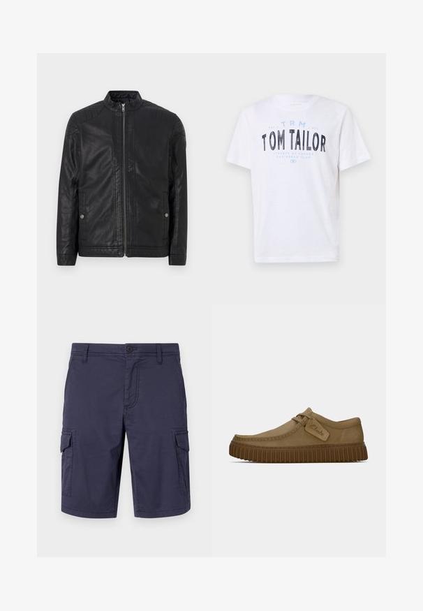 Schwarze Lederjacke mit hohem Kragen, vertikalen Reißverschlüssen, gesteppten Schulterakzenten und Seitentaschen. Glatte, matte Textur.; Weißes Baumwoll-T-Shirt mit Rundhalsausschnitt und kurzen Ärmeln. Mit blauem und schwarzem Drucktext: "TOM TAILOR", "STREETS OF HAVANA" und Zahlen.; Marineblaue Cargo-Shorts aus strapazierfähigem Material, mit seitlichen Taschen, einem Knopfverschluss und einer strukturierten Oberflächenbeschaffenheit.; Hellbraune Wildlederschuhe mit runder Zehenpartie, genähten Details und einer gerippten braunen Gummisohle. Mit einem Seitenschild mit dem "Clarks"-Logo.