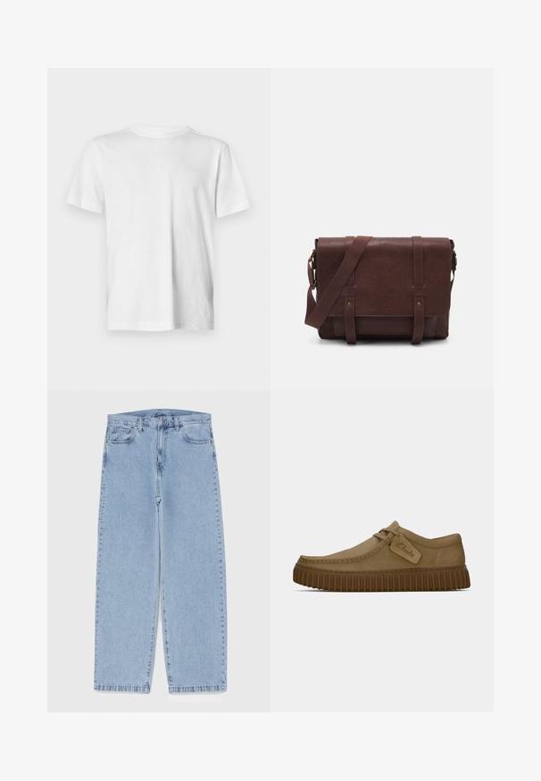 Juodas odinis švarkas su aukštu apykakle, vertikaliais užtrauktukais, iškilusiais peties akcentais ir šoninėmis kišenėmis. Lygus, matinio paviršiaus tekstūra.; Balta trumpa rankovė T-shirt, pagaminta iš minkštos medvilnės, su apvalia iškirpte ir subtiliu reljefiniu logotipu kairėje krūtinės pusėje.; Šviesiai mėlyni džinsai su tiesiomis kojomis, turintys vidutinio aukščio juosmenį, penkias kišenes ir mygtuko bei užtrauktuko uždarymą.; Šviesiai rudos zomšinės bateliai su apvaliu pirštu, siuvinėjimo detalėmis ir raguota ruda guma. Su šonine etikete su "Clarks" logotipu.; Rudas odinis paštininko krepšys su lygiu priekiniu dangčiu, dviem diržais, auksiniais detalėmis ir reguliuojamu peties diržu.