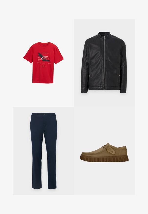 Black leather jacket with a high collar, vertical zippers, quilted shoulder accents, and side pockets. Smooth, matte texture.; Red cotton t-shirt with short sleeves, crew neck, and graphic print featuring text and a bird design in black and white.; Dark navy chinos made of smooth fabric. Straight leg design with a single button closure and belt loops. No visible patterns or accents.; Light brown suede shoes with a rounded toe, stitched detailing, and a ribbed brown rubber sole. Features a side tag with "Clarks" logo.