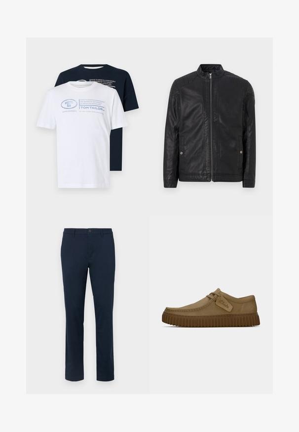 Zwarte leren jas met een hoge kraag, verticale ritsen, gestikte schouderaccenten en zijzakken. Gladde, matte textuur.; Twee katoenen t-shirts in wit en marineblauw. Het witte shirt heeft lichtblauwe tekst en een grafisch ontwerp, terwijl het marineblauwe shirt geen grafische elementen heeft.; Donker marineblauwe chinos van een gladde stof. Recht gesneden ontwerp met een enkele knoopsluiting en riemlussen. Geen zichtbare patronen of accenten.; Lichtbruine suède schoenen met een ronde neus, gestikte details en een geribbeld bruine rubberen zool. Bevat een zijlabel met het "Clarks" logo.