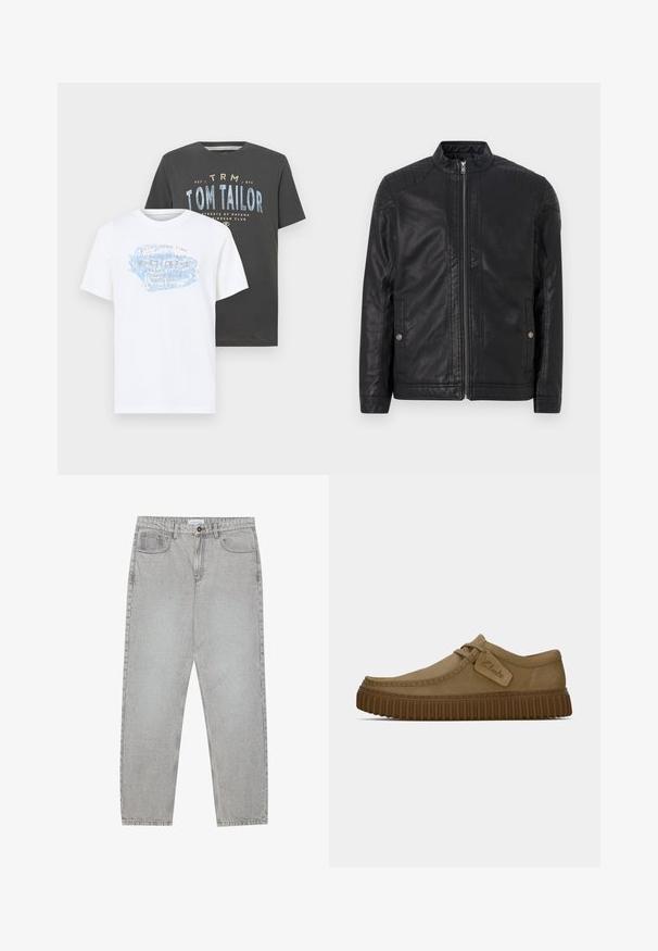 Melna ādas jaka ar augstu apkakli, vertikālām rāvējslēdzēm, kvadrātām plecu akcentiem un sānu kabatām. Gluda, matēta tekstūra.; Divas kokvilnas T-krekli: viens balts ar zilu un oranžu grafikā tekstu, un viens tumši pelēks ar zilu un baltu tekstu, abi īsām piedurknēm.; Gai pelēko džinsu bikses ar taisnajām kājām, piecu kabatu stilu un pogu aizdari. Redzama šuvju apstrāde gar šuvēm.; Gai brūni zamša apavi ar noapaļotu purngalu, šuvju detaļām un ribotu brūnu gumijas zoli. Satur sānu uzlīmi ar "Clarks" logotipu.