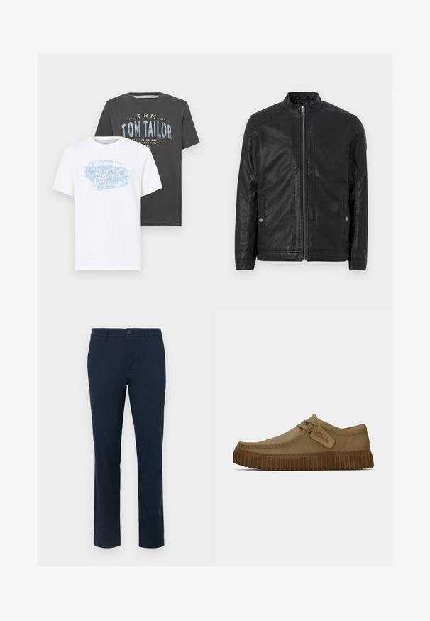 Melna ādas jaka ar augstu apkakli, vertikālām rāvējslēdzēm, kvadrātām plecu akcentiem un sānu kabatām. Gluda, matēta tekstūra.; Divas kokvilnas T-krekli: viens balts ar zilu un oranžu grafikā tekstu, un viens tumši pelēks ar zilu un baltu tekstu, abi īsām piedurknēm.; Tumši jūras zilas šinīdas, izgatavotas no gludas auduma. Taisnas kājas dizains ar vienu pogu aizdari un jostas cilpām. Nav redzamu rakstu vai akcentu.; Gai brūni zamša apavi ar noapaļotu purngalu, šuvju detaļām un ribotu brūnu gumijas zoli. Satur sānu uzlīmi ar "Clarks" logotipu.