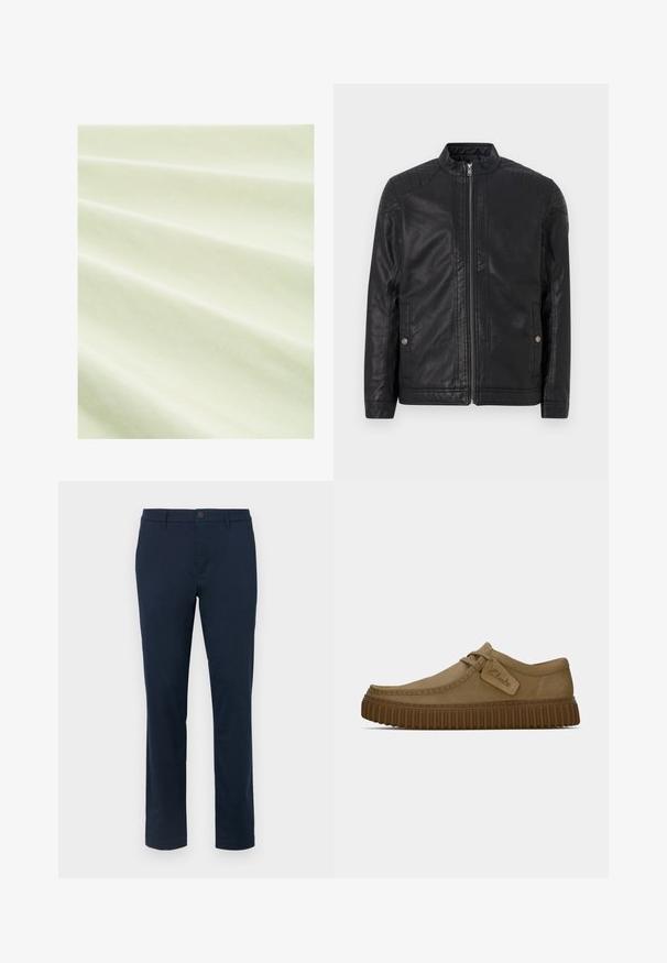 Fekete bőrdzseki magas gallérral, függőleges cipzárokkal, steppelt vállrész díszítéssel és oldalsó zsebekkel. Simább, matt textúrájú.; Világos zöld szövet sima textúrával, sekély redőkkel. Az anyag könnyűnek és enyhén fénylőnek tűnik puha világítás mellett.; Sötét tengerészkék chinos nadrág sima anyagból. Egyenes szárú kialakítás, egy gombos zárással és övhurkokkal. Látható minták vagy kiegészítők nélkül.; Világosbarna velúr cipők, lekerekített orral, díszített varrással és bordás barna gumi talppal. Az oldalon található egy címke a "Clarks" logójával.