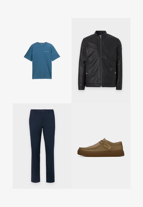 Svart läderjacka med hög krage, vertikala dragkedjor, kviltade axelaccent och sidofickor. Slät, matt yta.; Blå bomullströja med korta ärmar och rund halsringning. Har en liten vit logotyp på vänster bröstområde. Enkel design, inga mönster.; Mörk marinblå chinos i mjukt tyg. Rakt ben design med enstaka knappstängning och bälteshällor. Inga synliga mönster eller detaljer.; Ljust bruna mockaskor med rund tå, sydda detaljer och en ribbad brun gummisula. Har en sidetikett med "Clarks"-logotyp.