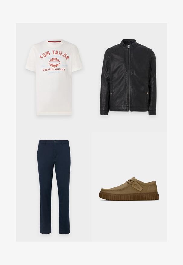 Juodas odinis švarkas su aukštu apykakle, vertikaliais užtrauktukais, iškilusiais peties akcentais ir šoninėmis kišenėmis. Lygus, matinio paviršiaus tekstūra.; Balta medvilninė marškinėlių su raudonu ir mėlynu spaudiniu, kuriame yra "TOM TAILOR", apvalus logotipas ir tekstas "PREMIUM QUALITY" įvairiomis šrifto formomis.; Tamsiai mėlyni chinos kelnių iš lygaus audinio. Tiesaus kirpimo dizainas su vienu mygtuko uždarymu ir diržo kilpelėmis. Be matomų raštų ar akcentų.; Šviesiai rudos zomšinės bateliai su apvaliu pirštu, siuvinėjimo detalėmis ir raguota ruda guma. Su šonine etikete su "Clarks" logotipu.