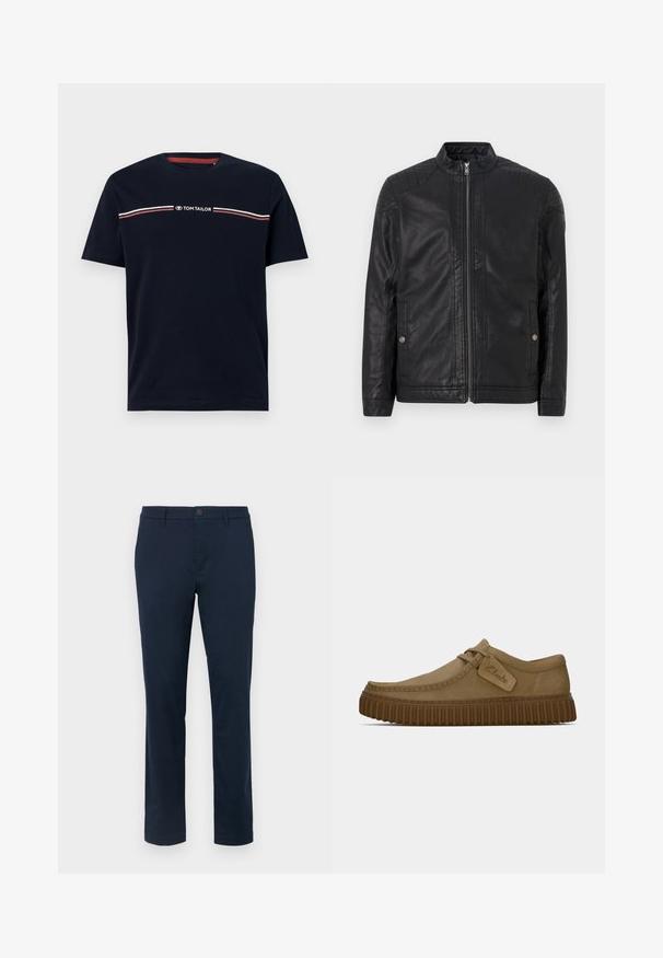 Svart läderjacka med hög krage, vertikala dragkedjor, kviltade axelaccent och sidofickor. Slät, matt yta.; Mörkblå bomullströja med korta ärmar, rund halsringning, med ett vitt och rött horisontellt randdetalj och "TOM TAILOR"-logotyp.; Mörk marinblå chinos i mjukt tyg. Rakt ben design med enstaka knappstängning och bälteshällor. Inga synliga mönster eller detaljer.; Ljust bruna mockaskor med rund tå, sydda detaljer och en ribbad brun gummisula. Har en sidetikett med "Clarks"-logotyp.