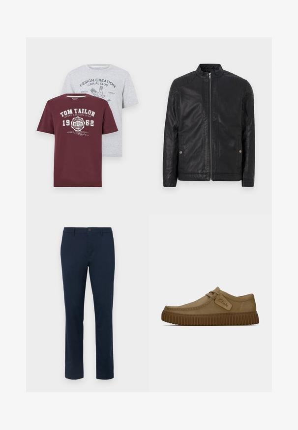 Must lähirikk must nahkjope, millel on kõrge krae, vertikaalsed lukud, tikitud õlavarre aksessuaarid ja küljetaskud. Sile, mate pind.; Kaks T-särki: üks tumepunane valge trükiga, millel on "TOM TAILOR" logo; teine heledashall sinise graafilise teksti ja linnukujutisega. Lühikesed varrukad, puuvillane segu.; Tumedad sinised chinos, mis on valmistatud siledast kangast. Sirge jala disain, millel on ühekordne nööbi kinnitamine ja vööloop. Ilma nähtavate mustrite või aksessuaarideta.; Kerged pruunist nahksoost kingad, millel on ümar varvas, õmblustega detailid ja soonikkoes pruun kummitald. Omab külje peal sildi, millel on "Clarks" logo.