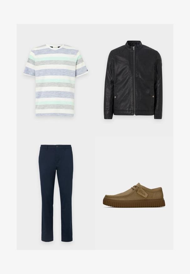 Black leather jacket with a high collar, vertical zippers, quilted shoulder accents, and side pockets. Smooth, matte texture.; Striped t-shirt in white, featuring horizontal bands of light blue, mint green, gray, and dark blue. Short sleeves and crew neck design.; Dark navy chinos made of smooth fabric. Straight leg design with a single button closure and belt loops. No visible patterns or accents.; Light brown suede shoes with a rounded toe, stitched detailing, and a ribbed brown rubber sole. Features a side tag with "Clarks" logo.