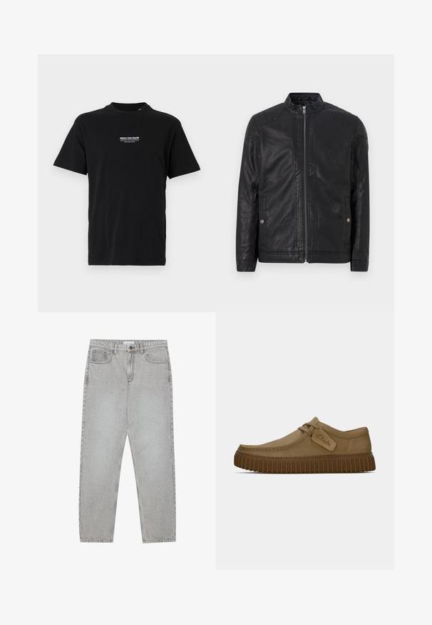Melna ādas jaka ar augstu apkakli, vertikālām rāvējslēdzēm, kvadrātām plecu akcentiem un sānu kabatām. Gluda, matēta tekstūra.; Melna kokvilnas t-kreklā ar apaļu kakla izgriezumu, īsām piedurknēm un mazu baltu drukātu logo kreisajā krūtī. Vienkārša griezuma bez papildu rakstiem.; Gai pelēko džinsu bikses ar taisnajām kājām, piecu kabatu stilu un pogu aizdari. Redzama šuvju apstrāde gar šuvēm.; Gai brūni zamša apavi ar noapaļotu purngalu, šuvju detaļām un ribotu brūnu gumijas zoli. Satur sānu uzlīmi ar "Clarks" logotipu.