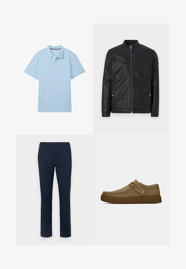 Čierna kožená bunda s vysokým golierom, vertikálnymi zipsami, prešívanými ramennými akcentami a bočnými vreckami. Hladký, matný povrch.; Svetlomodrá polo tričko vyrobené z hladkej tkaniny. Má klasický golier, krátke rukávy a malé logo na ľavej hrudi.; Tmavomodré chinos vyrobené z hladkej tkaniny. Priamy strih s jedným gombíkom a pútkami na opasok. Žiadne viditeľné vzory ani akcenty.; Svetlohnedé semišové topánky s okrúhlym špičkou, prešitou detailnou úpravou a ribbovanou hnedou gumovou podrážkou. Obsahujú bočný štítok s logom "Clarks".