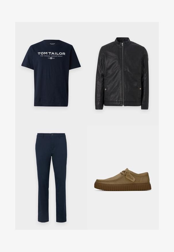 Czarna skórzana kurtka z wysokim kołnierzem, pionowymi zamkami, pikowanymi akcentami na ramionach oraz bocznymi kieszeniami. Gładka, matowa faktura.; Granatowa bawełniana koszulka z krótkim rękawem z wyraźnym białym napisem: "TOM TAILOR THE CASUAL DEPARTMENT 1962." Okrągły dekolt.; Ciemnoniebieskie chinosy wykonane z gładkiego materiału. Prosty krój nogawki z jednym zapięciem na guzik i szlufkami na pasek. Brak widocznych wzorów lub akcentów.; Jasnobrązowe zamszowe buty z okrągłym noskiem, z przeszyciami i brązową gumową podeszwą o żebrowanej fakturze. Posiadają boczną metkę z logo "Clarks".