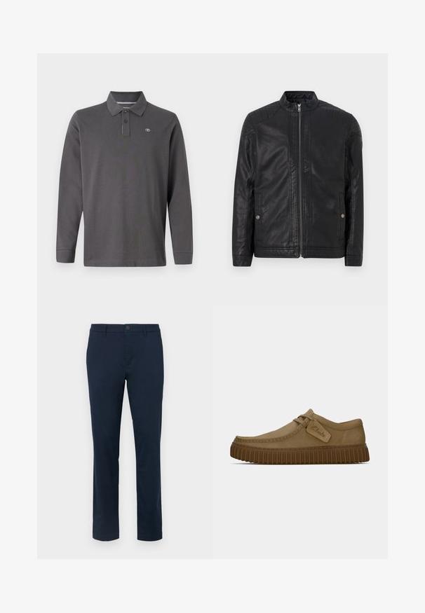 Schwarze Lederjacke mit hohem Kragen, vertikalen Reißverschlüssen, gesteppten Schulterakzenten und Seitentaschen. Glatte, matte Textur.; Langärmliges Poloshirt aus dunkelgrauer Baumwolle, mit Kragen, drei Knöpfen und kleinem Logo auf der linken Brust.; Dunkelblaue Chinos aus glattem Stoff. Gerades Bein Design mit einem Knopfverschluss und Gürtelschlaufen. Keine sichtbaren Muster oder Akzente.; Hellbraune Wildlederschuhe mit runder Zehenpartie, genähten Details und einer gerippten braunen Gummisohle. Mit einem Seitenschild mit dem "Clarks"-Logo.